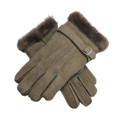 Image of Infinity Leather Mens Grey Luxury Sheepskin Suede Gloves With Buckle