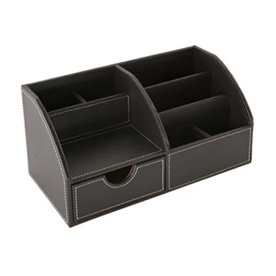 Image of OSCO Brown Faux Leather Desk Organiser with Drawer Tidy Pen Holder Makeup Container Pencil Storage 8 Compartments Stationery Caddy H14 x W29 D14.5 cm