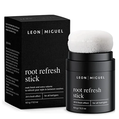 Image of LEON MIGUEL dry shampoo powder in handbag format against greasy roots, volume for more freshness and volume, vegan with 24 hour fresh effect, root refresh stick