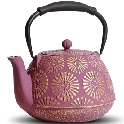 Image of MILVBUSISS Cast Iron Teapot, 1200ml Large Capacity Tea Kettle with Infuser for Stove Top, Sakura Design Japanese Pot Loose Leaf Coated Enameled Interior, Silicone Handle 40oz Purple