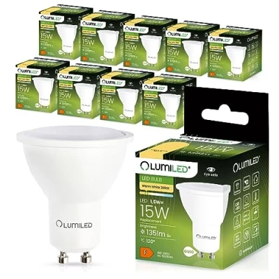 Image of LUMILED GU10 LED, 1.5 W, 135 Lumen Bulb, 3000 K Warm White Bulb Spotlight, Replaces 15 W Halogen Bulbs, 120 Beam Angle, Reflector Lamps, Pack of 10 Energy Saving Bulbs