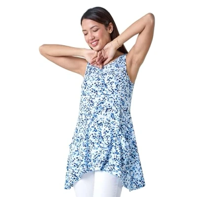 Image of Roman Originals Swing Top with Pockets for Women UK Ladies Hanky Hem Asymmetric Tunic Blouse Longline Long Stretch Jersey Casual Round NeckTee Shirt T Blue White Navy Size 10
