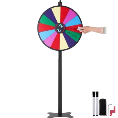 Image of VEVOR 24 inch Spinning Prize Wheel, 14 Slots Roulette Wheel with a Dry Erase and 2 Markers, Tabletop or Floor Standing Win Fortune Spin Games in Party Pub Trade Show Carnival