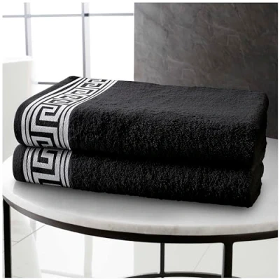 Image of GC GAVENO CAVAILIA Greek Key Black Bath Towels 2Pack Large Quick Dry &amp; Super Absorbent Bathroom 500 GSM Towel Set Egyptian Cotton