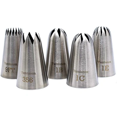 Image of Tumtanm 5 Pack Extra Large Piping Nozzles, 9FT 1B 1C 1E 356# Seamless Stainless Steel Icing Tips for Cupcake