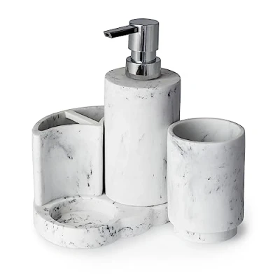 Image of Blue Canyon Arezzo Set of Bathroom Accessories, 4 in 1 Set, Accessories Include Soap Dispenser, Tumbler, Toothbrush Holder &amp; Base Tray, Luxurious Marble Finish, Durable Resin Material, White