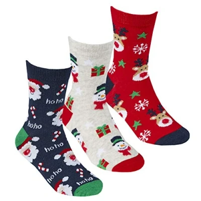 Image of Style It Up 3 Pack Boys/Girls Christmas Socks Novelty Festive Xmas Gifts Office Kids/Childrens Santa Reindeer (Red/Blue/Green, Kids UK 6 8.5)