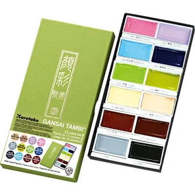 Image of Kuretake GANSAI TAMBI 12 Color Set II, Watercolor Paint Set, Professional Quality for Artists and Crafters, AP Certified, Adult, Made in Japan, MC20/12V/NW