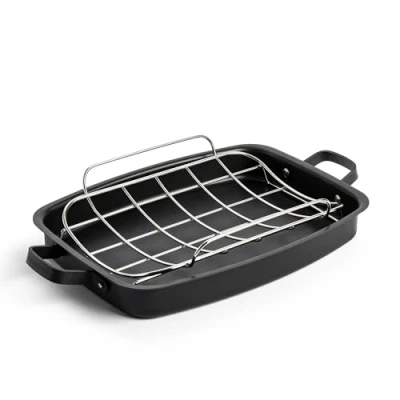 Image of Merten &amp; Storck Pre Seasoned Carbon Steel Induction 47x27x6 cm Roasting Pan with Stainless Removable Roaster Rack, Oven Safe Up to 300C, Black