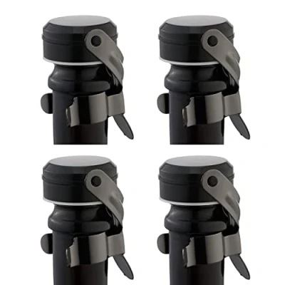 Image of WOTOR Champagne&amp;Wine Stopper Stainless Steel with Food Grade Silicone, Leak Proof and Bubble Retaining Saver Keeps Wine&amp;Champagne Fresh，Suitable for All Standard Size Wine&amp;Sparkling(4 Pack Black