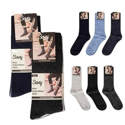 Image of Mens Ribbed Cotton Socks 12 Pack Comfortable, Everyday, Rich Breathable UK Shoe Size 6 11 (Blue Greys Colour Pack)