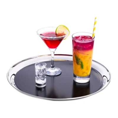Image of Stainless Steel Bar Tray with Black PVC 14 Inch Non Slip Tray, Waiters Drinks