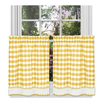 Image of Achim Home Furnishings, Yellow &amp; White Buffalo Check Window Curtain Tier Pair, 58&quot; x 36&quot;