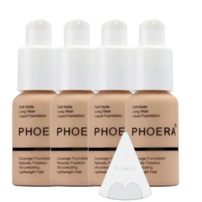 Image of Glamza Phoera Foundation Full Coverage Makeup Set 24hr Long Lasting Oil Control Soft Smooth Matte Flawless Concealer Cream Inc x4 30ml &amp; Silicone Blender Sponge (104 Buff Beige)