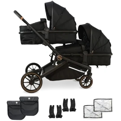 Image of My Babiie MB33 Tandem Pushchair Birth to 15kg Double Stroller, Twin Seat Units Convert Carrycot, 11 Configurations, Duo Includes Car Adapters, Rain Covers Black Leopard