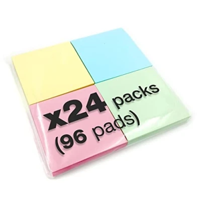 Image of 24 x 400 Quality Pastel Colours Removable Sticky Notes 76x76mm 96 Pads of 100 Sheets Blue, Pink, Green, Yellow
