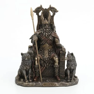 Image of Veronese Design Norse God Odin on Throne with Wolves Bronze Finished Statue