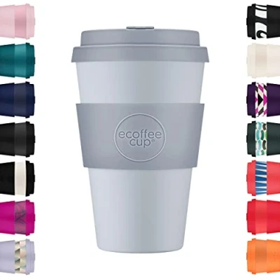 Image of Ecoffee Cup 14oz 400ml Reusable Eco Friendly 100% Plant Based Coffee with Silicone Lid &amp; Sleeve Melamine Free Biodegradable Dishwasher/Microwave Safe Travel Mug, Glittertind