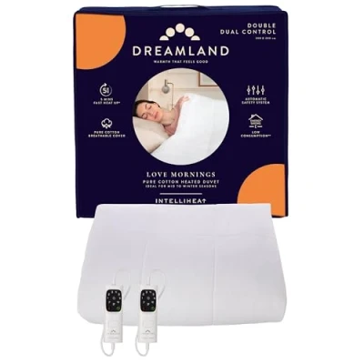 Image of Dreamland Double Dual Size Love Mornings All Season Pure Cotton Heated Duvet/Electric Blanket (Fast Heating Electric Blanket, 6 Heat Settings, Auto Safety Shut Off, Detachable Control, 200 X cm)