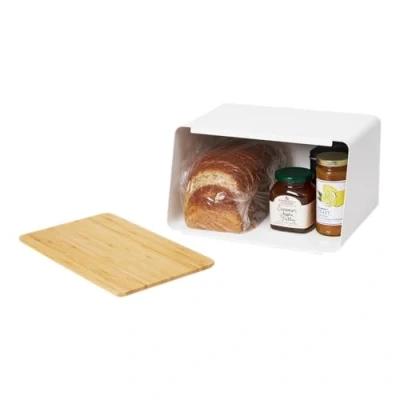 Image of YAMAZAKI 5290 TOWER Bread Case With Removable Lid, White, Steel/BAMBOO, Minimalist Design, 31.5 x 24.5 18.5 cm (LxWxH)