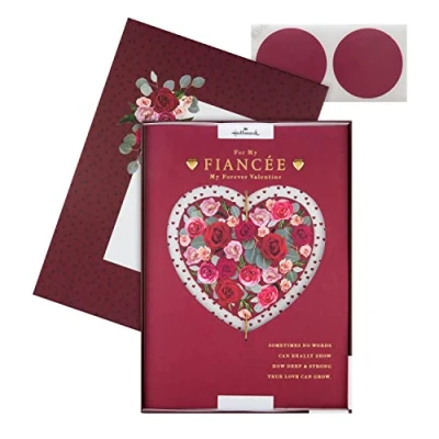 Image of Hallmark Luxury Valentine&#039;s Day Card for Fiancée Traditional Floral Heart Design with Gift Box