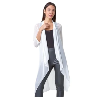 Image of Roman Originals Women&#039;s Mesh Sheer Longline Kimono Ladies Fashion Cover ups for Formal Fancy Casual Everyday Work Evening Dinners Party Christmas New Years Occasions Ivory Size 16