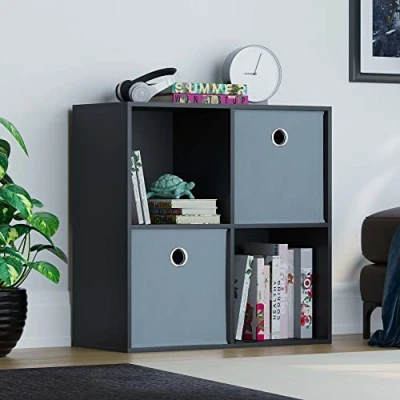 Image of Vida Designs Durham Cube Bookcase Storage Organiser Living Room Bookshelf Home Office Furniture (4 &amp; 2 Grey Baskets, Black)