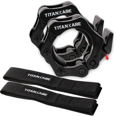 Image of TITANKARE Olympic Barbell Clips Combo 2 Inch Clamps and Wrist Support Straps, Gym Bar Accessories, Locking Collars for Fitness Weightlifting, Quick Release Weight