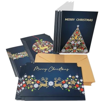 Image of 24 Golden Reindeer Christmas Cards with Special Gold Foil Finish Thick Card and recycled brown envelopes