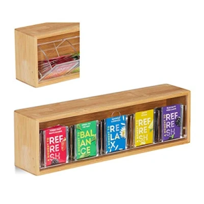 Image of Relaxdays 10028846 Tea Box Natural Bamboo, 5 Compartments for 50 Sachets, Lid, Wall Mounted, Flavour Protection, Wood, Light Brown, Transparent