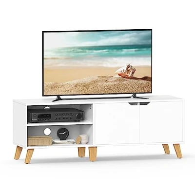 Image of VASAGLE LTV027T46 TV Unit, 140 cm Long with 2 Doors, Adjustable Shelf, for TVs up to 65 inches, Living Room, Dining Room and Bedroom, White
