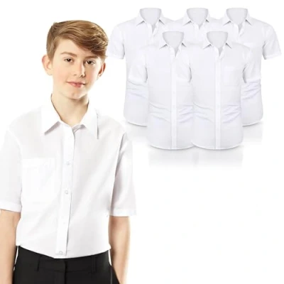 Image of ND Boys Half Sleeve School Shirt Classic Fit, Easy Iron, Soft Cotton Blend, Uniform for White (UK, Alpha, One Size, Regular, 16.5&quot; Neck Year [17 18], Pack 5)