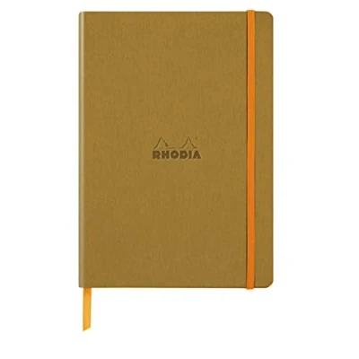 Image of RHODIA 117382C Gold Soft Notebook A5 Lined 160 pages Ivory Clairefontaine Paper 90 g/m Bookmark, Elastic Closure Faux Leather Cover Rhodiarama Collection