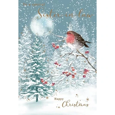 Image of Nigel Quiney Special Sister in Law Christmas Card Robin on Snowy Woodland Branch with Foil Details Eco Friendly and Recyclable