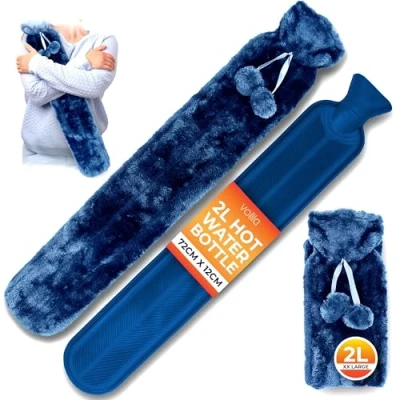 Image of Long Hot Water Bottle for Back Ache and Pain Relief 2L Soft Faux Fur Covered with Cover 2 Hanging Pom Poms 72cm Luxury, Washable Bag (Blue)