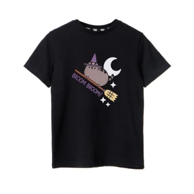Image of Pusheen Girls T Shirt Broom Halloween Black Graphic Tee for Children Witchy The Cat Fun Lightweight Top Cute &amp; Spooky Holiday Cartoon Gift Her