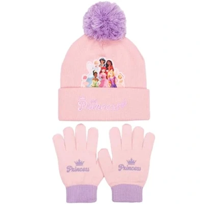 Image of Disney Princesses Winter Hat &amp; Gloves Set for Girls Warm Cosy Beanie Perfect Kids Ages 3 9 Pink