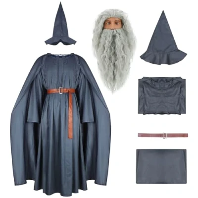 Image of LILLIWEEN Adult Wizard Robe Men Sorcerer Costume Grey Cloak with Hat Cape Halloween Cosplay Suit, Gandalf Robe, XXXL