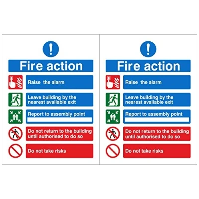 Image of Pack of 2 Raise The Alarm Fire Action Notice Signs 150mm x 200mm Self Adhesive