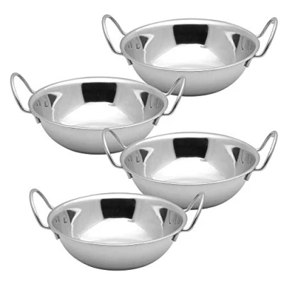 Image of Kosma Set of 4 Stainless Steel Serving Balti Dish 15cm Metal Bowl with Handle Indian