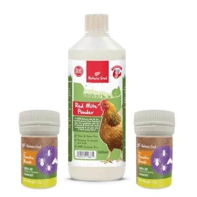 Image of Natures Grub Red Mite Treatment Pack Powder &amp; Smoke Bombs for Chicken Coops, Diatomaceous Earth, Effective Chickens
