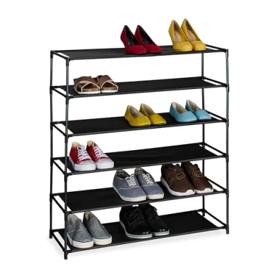 Image of Relaxdays Shoe Rack, with 6 Levels, Metal Frame, Fabric, Plug Together, Organisation, Hallway Storage, Black, Fleece, tier