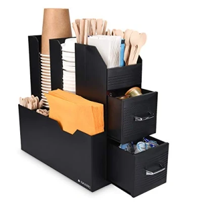 Image of Navaris Coffee Condiment and Accessory Caddy Tea Organiser Station Cup Storage Holder Box Stand with Compartments 2 Drawers Black