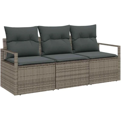 Image of vidaXL 3 Piece Garden Sofa Set with Cushions Grey Poly Rattan