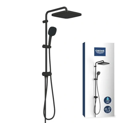 Image of GROHE Vitalio Comfort 250 Flex Exposed Shower System with Diverter (Square 25 cm Head 2 Sprays, 11 Hand Hoses: 1.25m &amp; 1.5m, Water Saving), Matt Black, 266982431