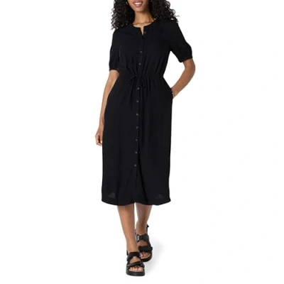 Image of Amazon Essentials Women&#039;s Relaxed Fit Half Sleeve Waisted Midi A Line Dress, Black, M
