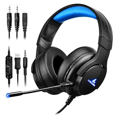 Image of LYCANDER Gaming Headset with Microphone LED Light, 3.5mm input for PC, PS4, Xbox One, Nintendo Switch and more (Intermediate Black/Blue)
