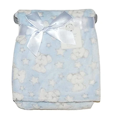 Image of KAV Soft Fleece Wrap Blanket Unisex Pram Cot Crib Moses Basket Teddy and Stars Print Gift Set for Newborn, Babies, Girl/Boy, Infant 75x100 CM, Pack of 1 (Blue)