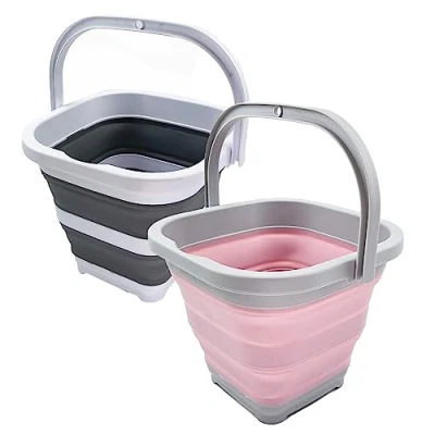 Image of SAMMART 5L Collapsible Rectangular Handy Basket/Bucket (Grey + Pale Pink (Set of 2))