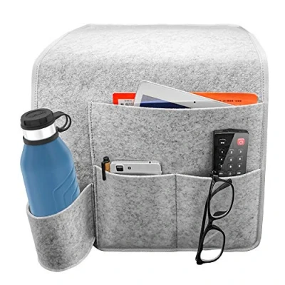 Image of Tyuodna Hanging Bedside Storage Bag, Sofa Organiser Caddy Felt Organizer Bag Anti Slip with Water Bottle Holder, for Home Bed Rails, Sofa, Bunk Beds (Grey)